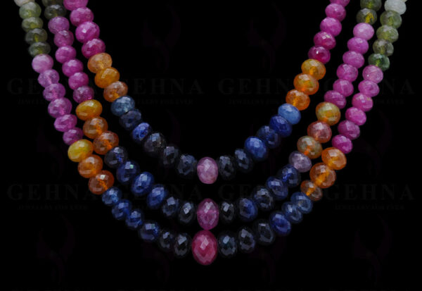 3 Rows Of Ruby, Emerald & Sapphire Faceted Bead Necklace NP-1292