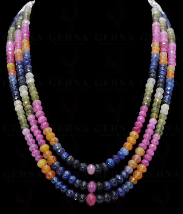 3 Rows Of Ruby, Emerald & Sapphire Faceted Bead Necklace NP-1292