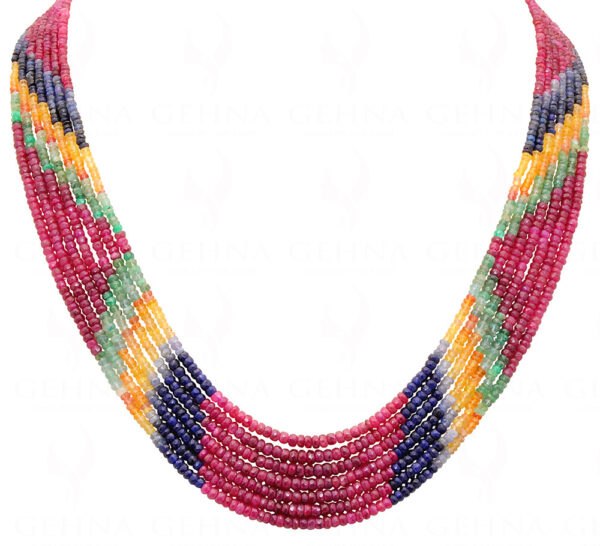 7 Rows Of Ruby, Emerald & Sapphire Gemstone Faceted Bead Necklace NP-1294