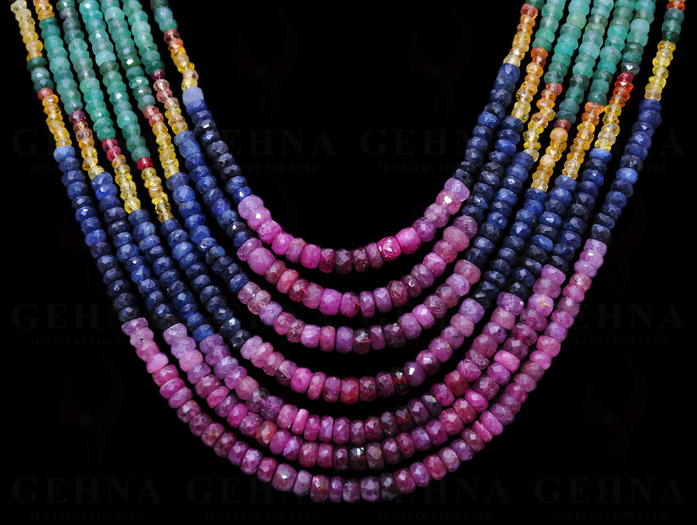 7 Rows Of Ruby, Emerald & Sapphire Gemstone Faceted Bead Necklace NP-1296
