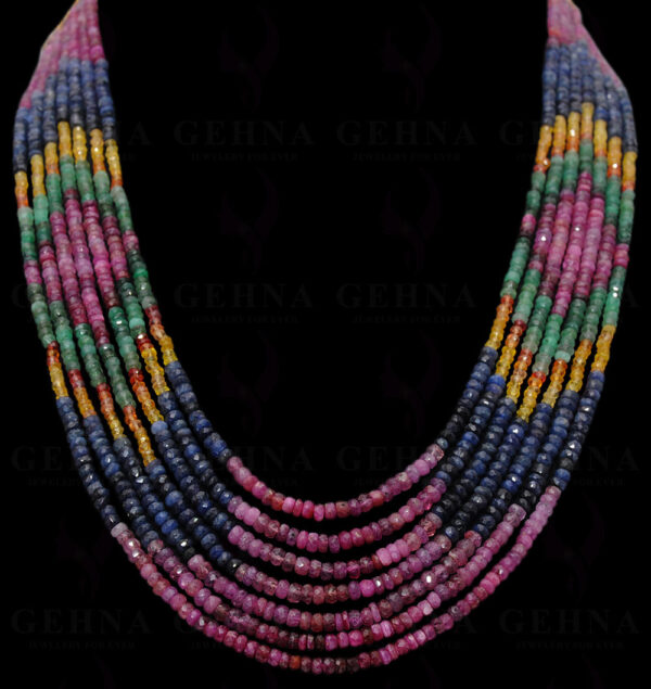 7 Rows Of Ruby, Emerald & Sapphire Gemstone Faceted Bead Necklace NP-1296