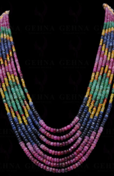 7 Rows Of Ruby, Emerald & Sapphire Gemstone Faceted Bead Necklace NP-1298