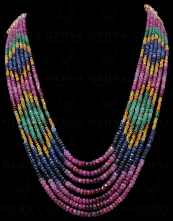 7 Rows Of Ruby, Emerald & Sapphire Gemstone Faceted Bead Necklace NP-1298