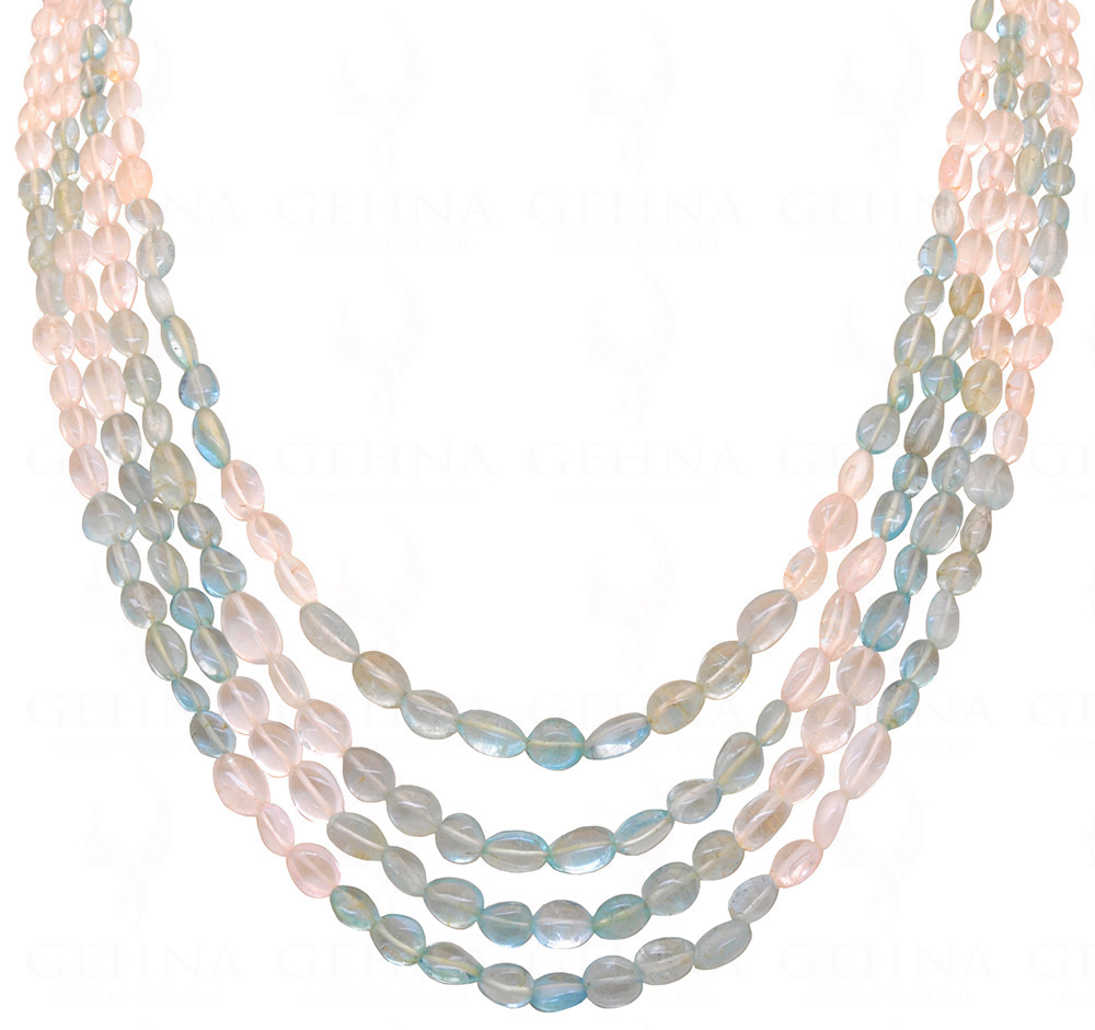 4 Rows of Aquamarine Gemstone Oval Shaped Cabochon Bead Necklace NS-1308