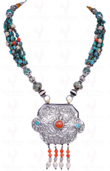 Multi Color Gemstone Bead Necklace With .925 Sterling Silver Pendant NS-1328