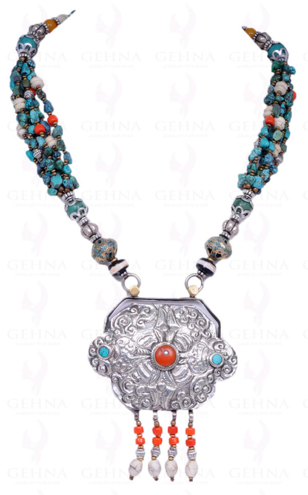 Multi Color Gemstone Bead Necklace With .925 Sterling Silver Pendant NS-1328