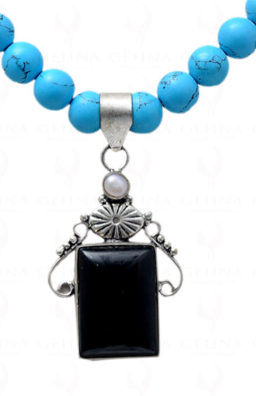 Turquoise Gemstone Round Bead With Spinel Studded Solid Silver Pendant NS-1330