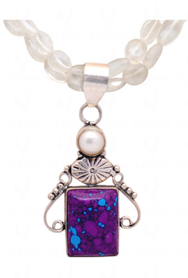 Rock-Crystal Gemstone Oval Bead With Purple Turquoise Studded Pendant NS-1333