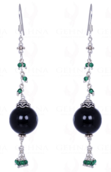 Black Spinel & Malachite Gemstone Round Bead Earring In .925 Solid Silver ES-1334