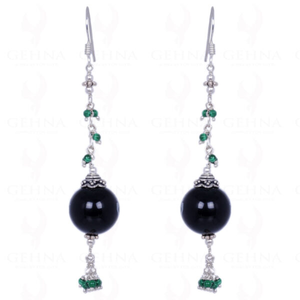 Black Spinel & Malachite Gemstone Round Bead Earring In .925 Solid Silver ES-1334