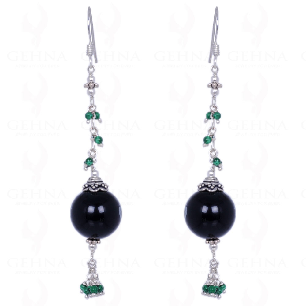 Black Spinel & Malachite Gemstone Round Bead Earring In .925 Solid Silver ES-1334