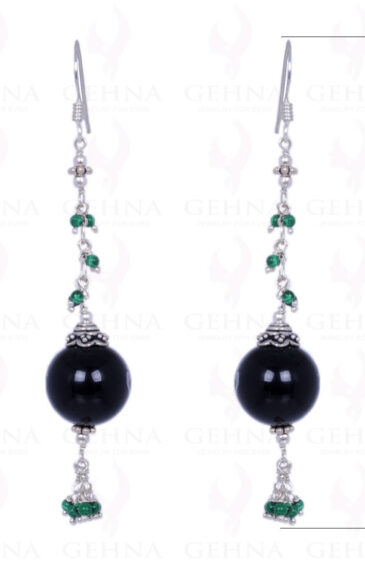 Black Spinel & Malachite Gemstone Round Bead Earring In .925 Solid Silver ES-1334