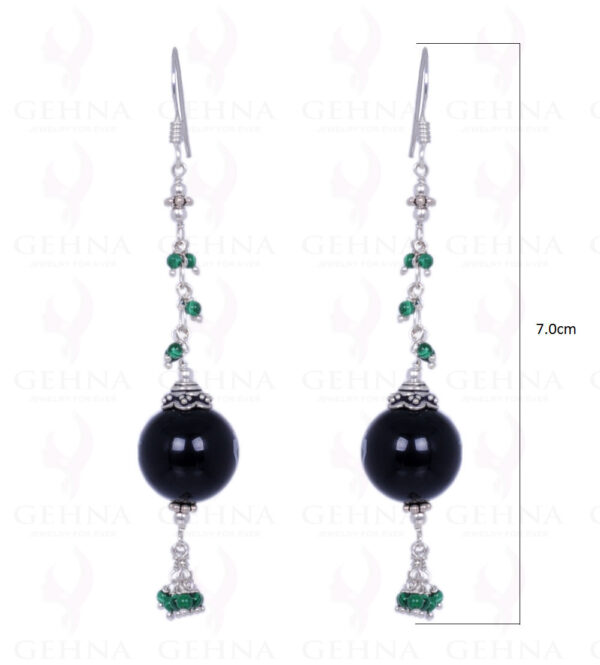 Black Spinel & Malachite Gemstone Round Bead Earring In .925 Solid Silver ES-1334