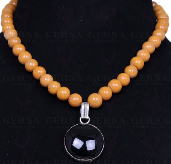 Camel Jasper Gemstone Bead With Black Onyx Studded Solid Silver Pendant NS-1334