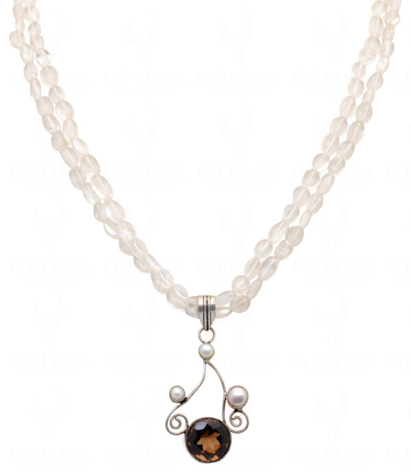 Rock-Crystal Bead With Pearl & Smoky Topaz Studded Silver Pendant NS-1336