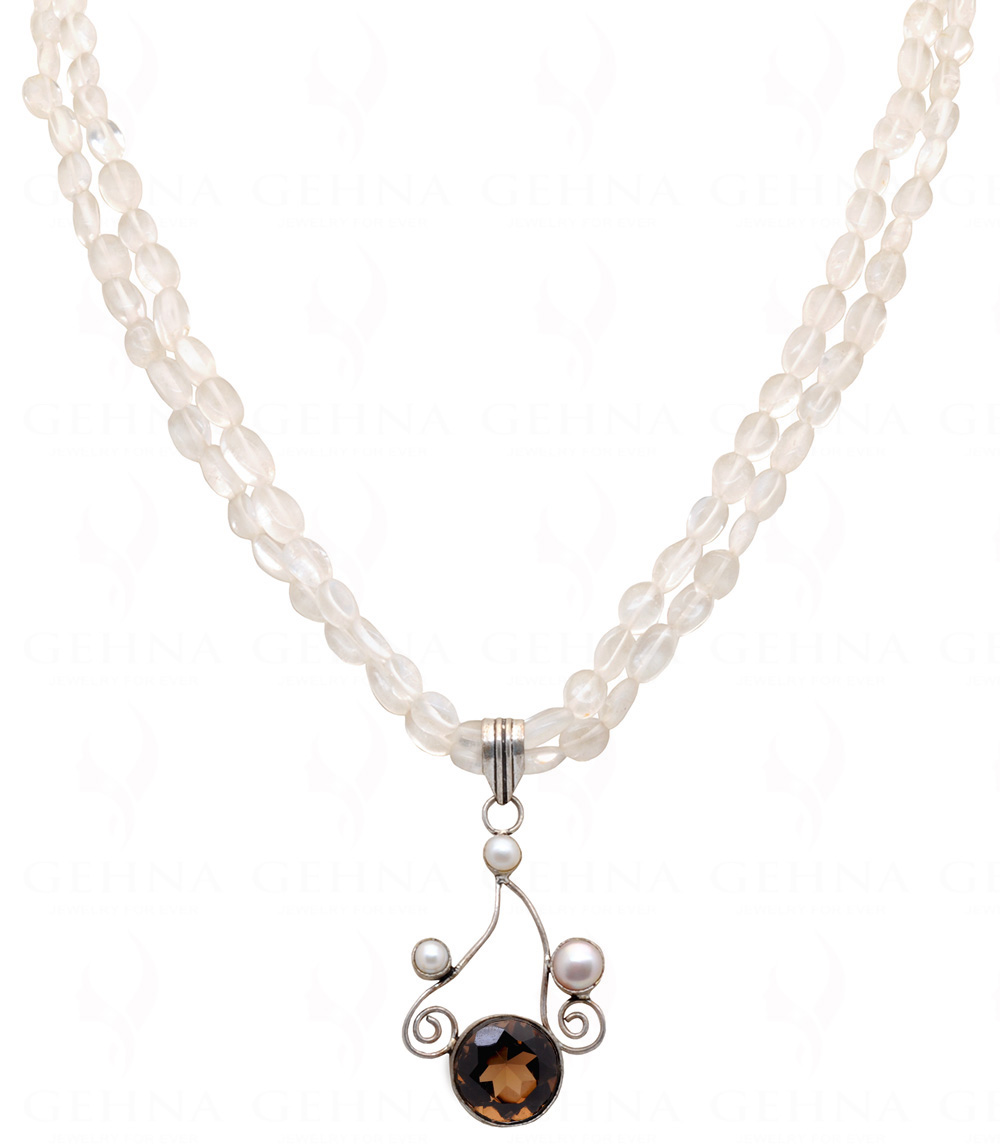 Rock-Crystal Bead With Pearl & Smoky Topaz Studded Silver Pendant NS-1336