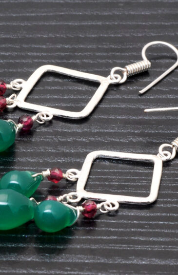 Green Jade & Red Garnet Gemstone Earrings Made In .925 Sterling Silver ES-1336