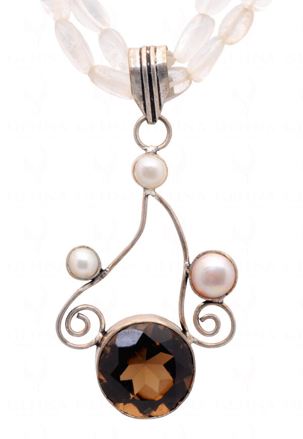 Rock-Crystal Bead With Pearl & Smoky Topaz Studded Silver Pendant NS-1336