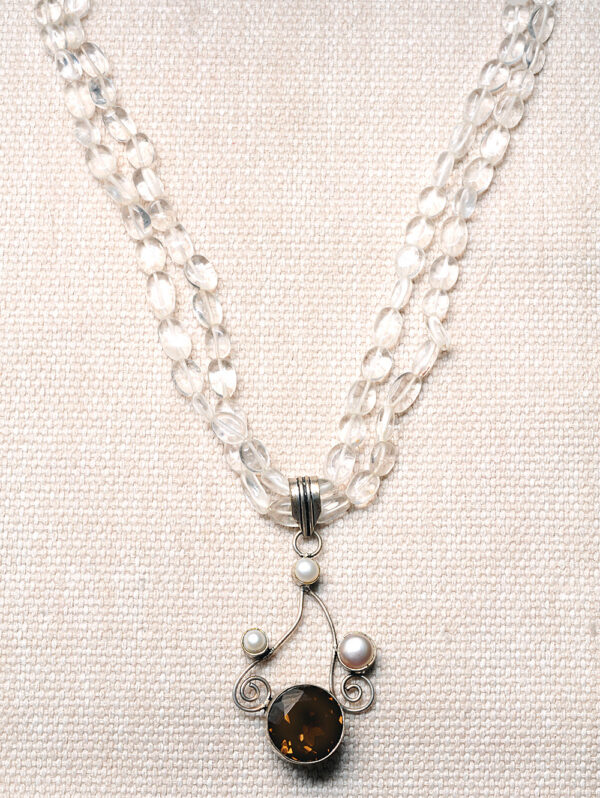 Rock-Crystal Bead With Pearl & Smoky Topaz Studded Silver Pendant NS-1336