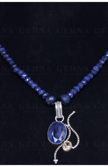 Blue Sapphire Beads With Blue Sapphire & Citrine Studded Silver Pendant NS-1338