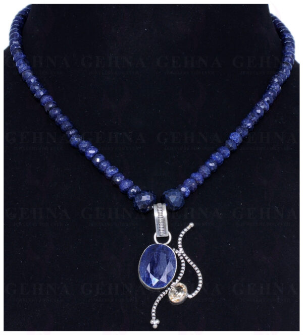 Blue Sapphire Beads With Blue Sapphire & Citrine Studded Silver Pendant NS-1338