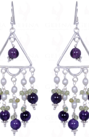 Pearl, Peridot & Amethyst Gemstone Bead Earrings In .925 Sterling Silver ES-1340
