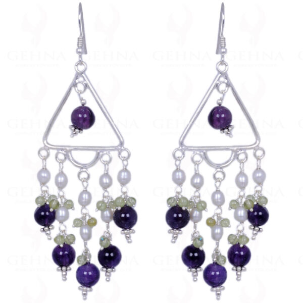 Pearl, Peridot & Amethyst Gemstone Bead Earrings In .925 Sterling Silver ES-1340