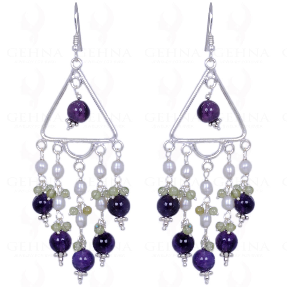 Pearl, Peridot & Amethyst Gemstone Bead Earrings In .925 Sterling Silver ES-1340