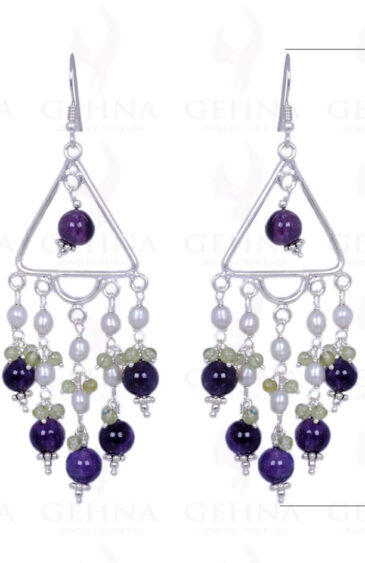 Pearl, Peridot & Amethyst Gemstone Bead Earrings In .925 Sterling Silver ES-1340