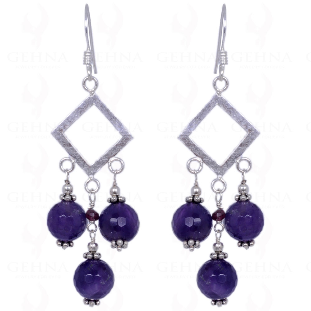 Amethyst & Red Garnet Gemstone Faceted Bead Earrings In .925 Solid Silver ES-1347