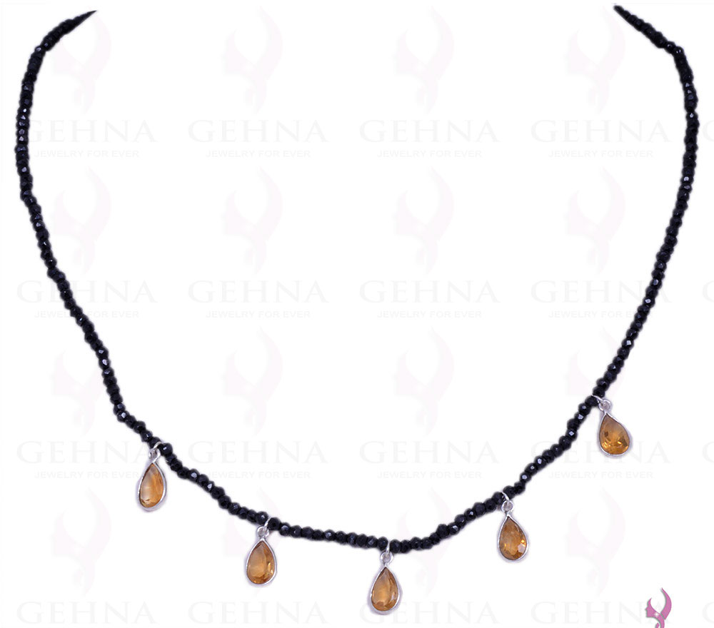 Black Spinel Gemstone Faceted Bead String With Pear Shaped Citrine NS-1357