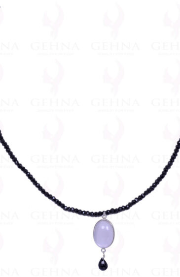 Black Spinel Gemstone Bead String With Rose Quartz Studded Silver Pendant NS-1358