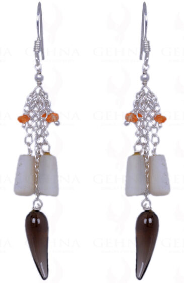 Shell Pearl, Smoky Topaz & Carnelian Gemstone Earrings In .925 Silver ES-1364