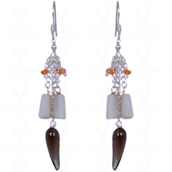 Shell Pearl, Smoky Topaz & Carnelian Gemstone Earrings In .925 Silver ES-1364