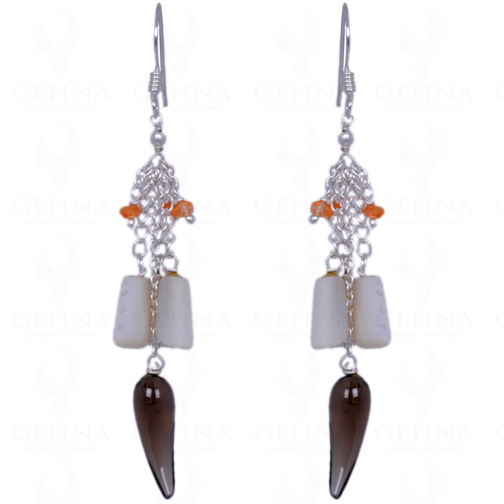 Shell Pearl, Smoky Topaz & Carnelian Gemstone Earrings In .925 Silver ES-1364