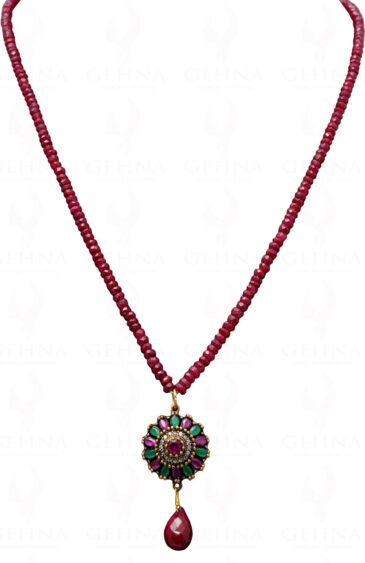 Ruby & Emerald Gemstone Bead Necklace With Silver Pendant & Earring NP-1374
