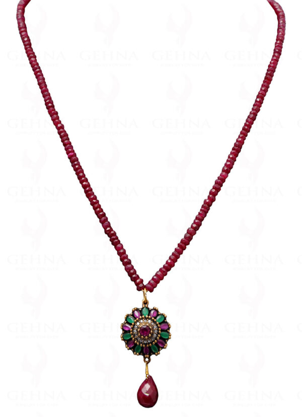 Ruby & Emerald Gemstone Bead Necklace With Silver Pendant & Earring NP-1374