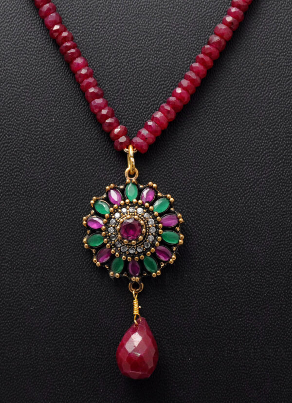 Ruby & Emerald Gemstone Bead Necklace With Silver Pendant & Earring NP-1374