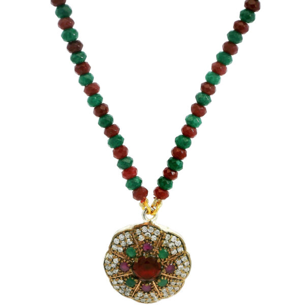 Ruby & Emerald Gemstone Bead Necklace With Silver Pendant NP-1375