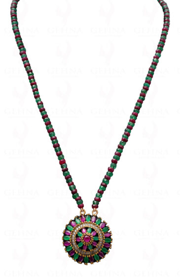 Ruby & Emerald Gemstone Bead Necklace With Silver Pendant & Earring NP-1375