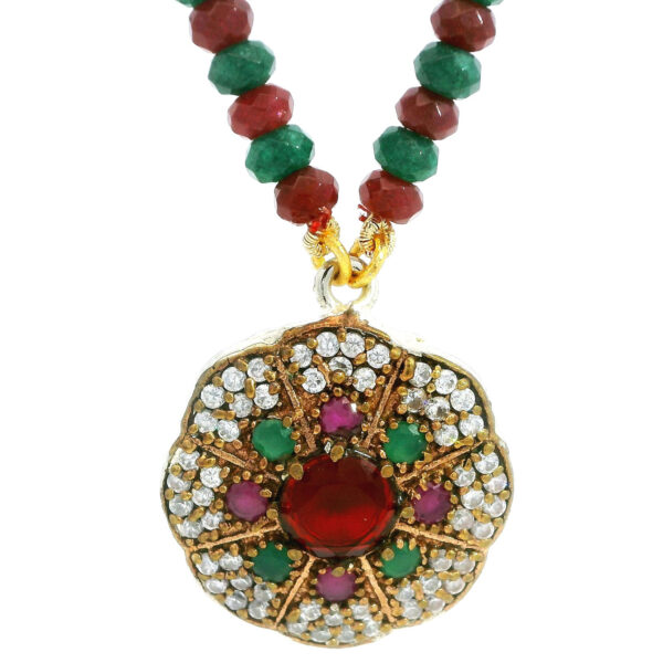 Ruby & Emerald Gemstone Bead Necklace With Silver Pendant NP-1375