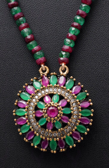 Ruby & Emerald Gemstone Bead Necklace With Silver Pendant & Earring NP-1375