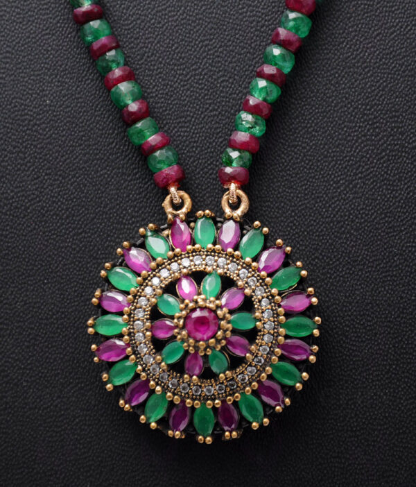 Ruby & Emerald Gemstone Bead Necklace With Silver Pendant & Earring NP-1375