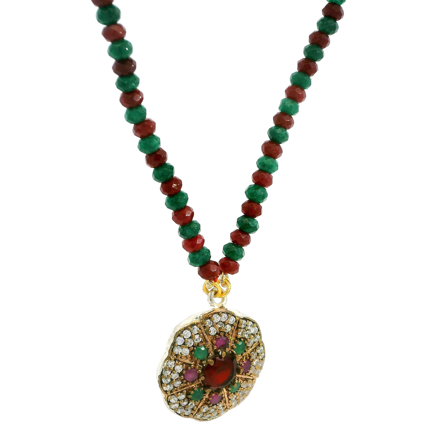 Ruby & Emerald Gemstone Bead Necklace With Silver Pendant NP-1375 - Image 3