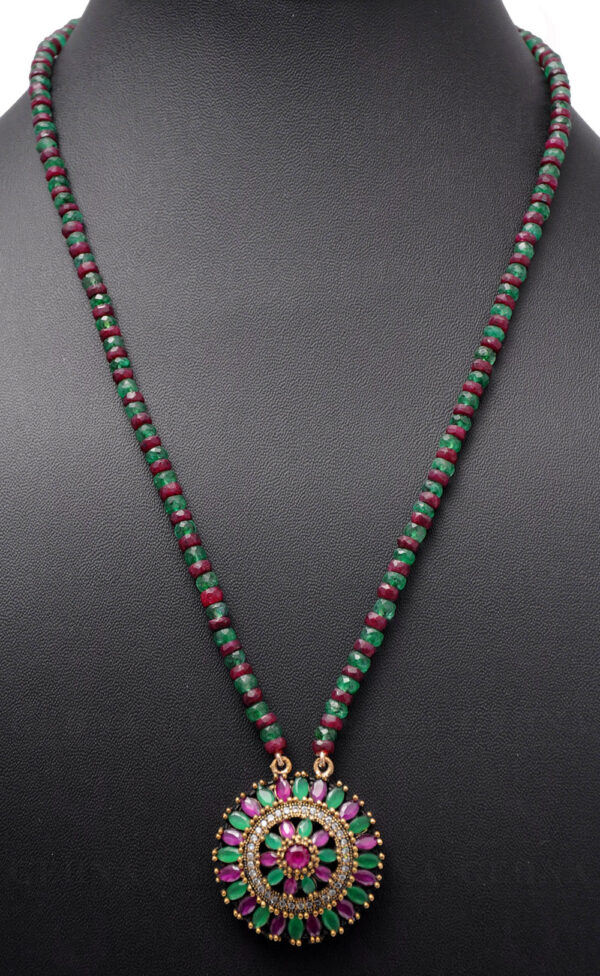 Ruby & Emerald Gemstone Bead Necklace With Silver Pendant & Earring NP-1375