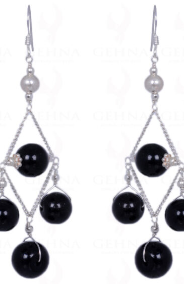 Pearl & Black Spinel Gemstone Bead Earrings Made In .925 Sterling Silver ES-1376