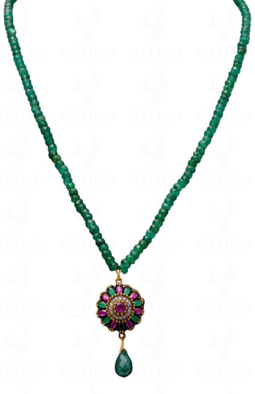 Emerald & Ruby Gemstone Bead Necklace With Silver Pendant & Earring NP-1376