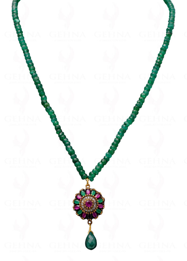 Emerald & Ruby Gemstone Bead Necklace With Silver Pendant & Earring NP-1376