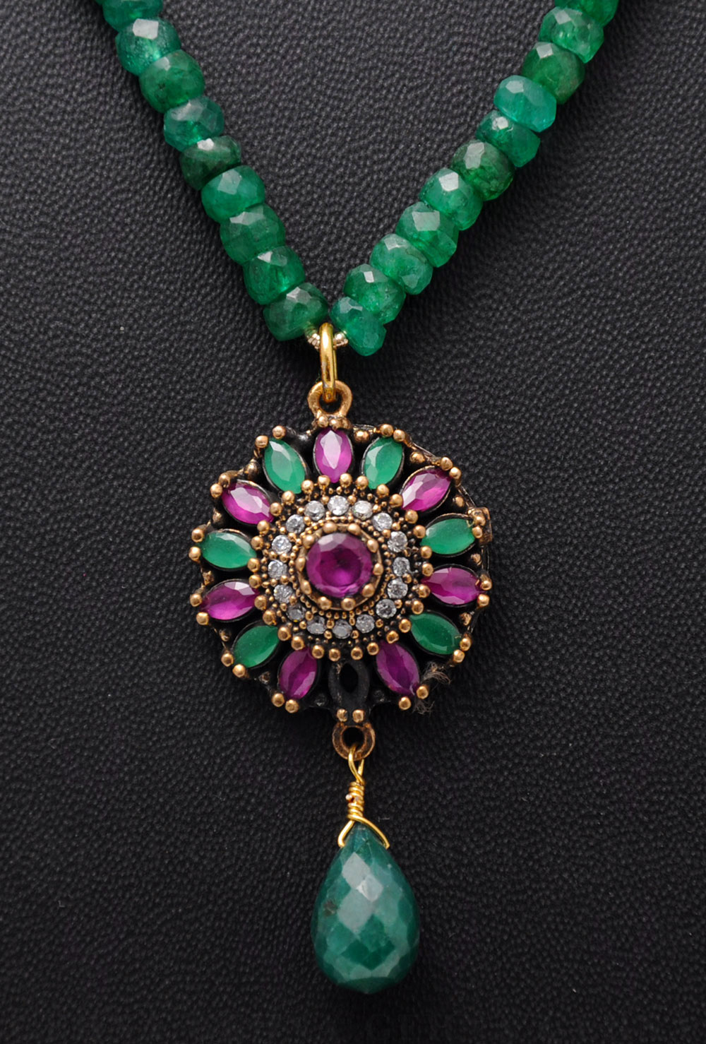Emerald & Ruby Gemstone Bead Necklace With Silver Pendant & Earring NP-1376