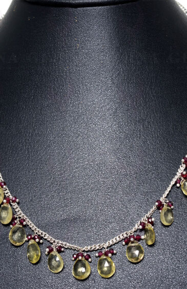 Necklace of Lemon Topaz & Red Garnet Gemstone Beads With Silver Chain NS-1381